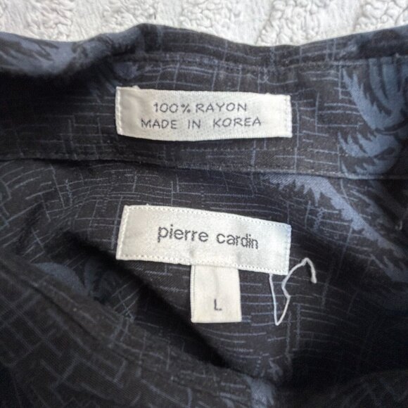 Pierre Cardin Mens Button Up Shirt Large Black Palm Trees Print Hawaiian Rayon - Picture 3 of 8